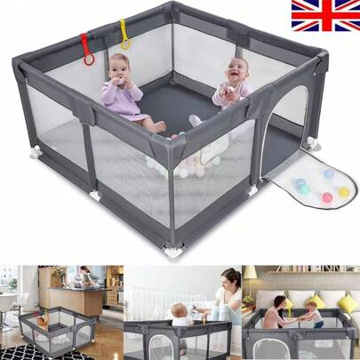 Sour Lemon Baby Playpen For Baby And Toddlers, Kid's Fence With Anti-Collision Foam And Breathable Mesh, 127 X 127CM Indoor Kids Activity Center Playpen, Including 50 Ocean Balls And 4 Pull Rings