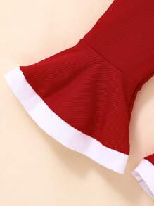 3pcs/Set Baby Girls First Christmas Outfit, Long Sleeve Bodysuit With Ruffle, Flared Pants And Hat, Red Christmas Clothes