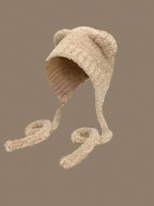 1 Pc Women Cute Bear Ear Warm Earmuffs Trapper Hat, Autumn/Winter Outdoor Travel Cycling Knitted Thick Fluffy Warm Beanie Cap