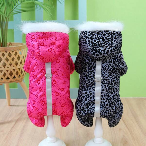 Haină pentru animale de companie din bumbac îngroșat cu 4 picioare, haine impermeabile pentru câini, haină căptușită casual cu imprimeu leopard și impermeabilă cu glugă pentru pisici și câini, toamnă/iarnă