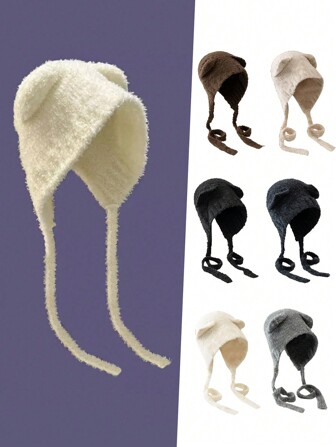 1 件女式可爱熊耳朵保暖耳罩捕手帽，秋冬季户外旅行骑行针织厚蓬松保暖无檐便帽