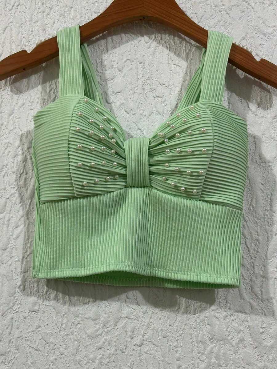 3D Ribbed Fabric Bodysuit Top With Pearl Polka Dots With One Size Fits 38-40 - Olive Green - View 1