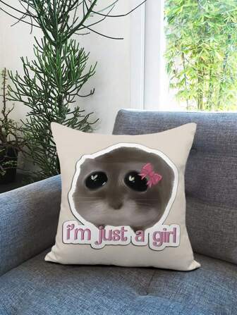 Cute Crying Hamster Print Decorative Pillow Case, Bowknot Hamster Pattern Birthday Gift For Girls, Home Decor Sofa Cushion Cover, Fluffy Hamster Print Funny Decoration For Bedroom, Car Seat Cushion