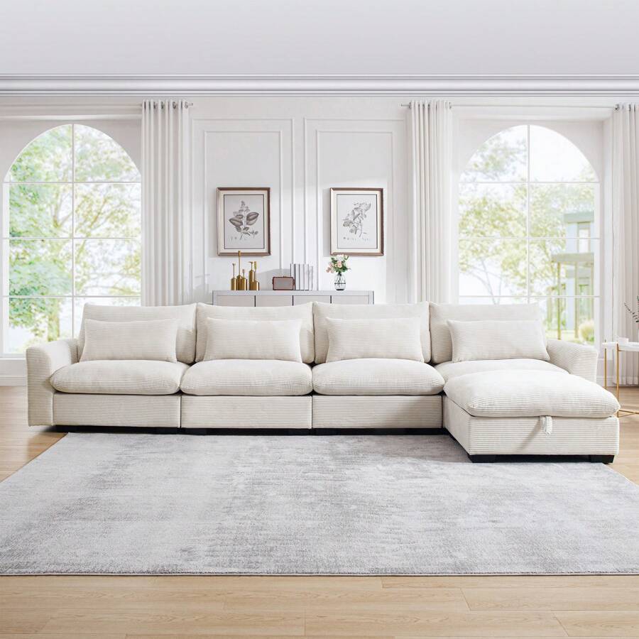 Modular Sectional Sofa, 122" Corduroy Deep Seat Upholstered Sofa,157" L Shaped Couch Set With Ottoman For Living Room, 3-4 Seater Comfy Cloud Couch With Waist Pillow For Living Room Office Apartment - beige 4 Seat+ottoman - View 1