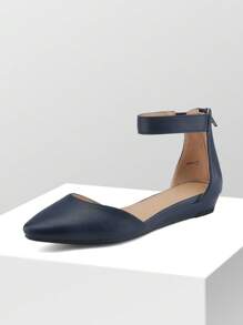 Women's Closed Pointed Toe Low Wedge Ankle Strap Casual Comfortable Ballet Flats With Back Zipper Design Party Wedding Shoes Navy - 藏蓝色 - 查看 7