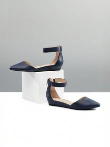 Women's Closed Pointed Toe Low Wedge Ankle Strap Casual Comfortable Ballet Flats With Back Zipper Design Party Wedding Shoes Navy - 藏蓝色 - 查看 8