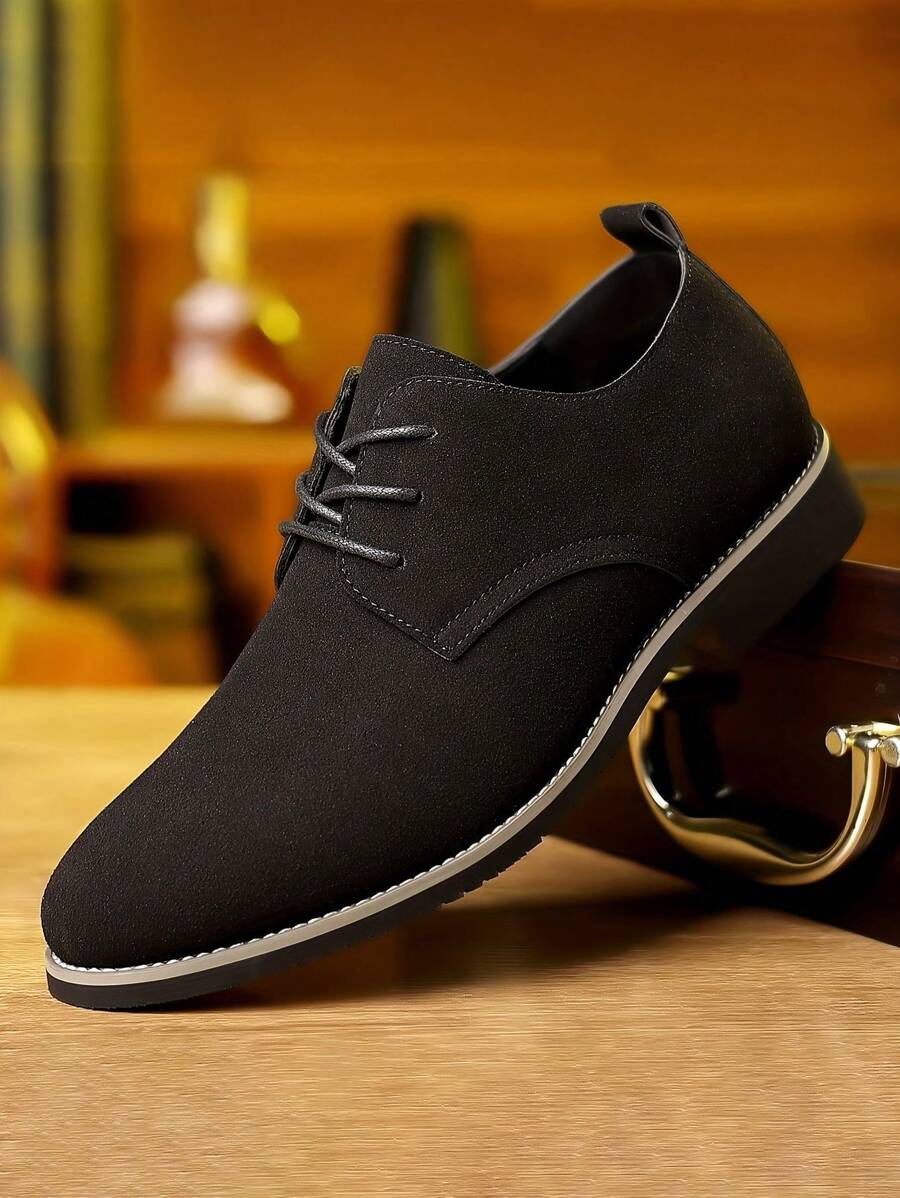 PLUS SIZE Mens Durable Solid Derby Shoes - Premium PU Leather, Superb Grip, Comfortable Lace-Up, Stylish Semi-Formal For Outdoor Casual Wear - 黑色 - 查看 1