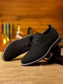 PLUS SIZE Mens Durable Solid Derby Shoes - Premium PU Leather, Superb Grip, Comfortable Lace-Up, Stylish Semi-Formal For Outdoor Casual Wear - 黑色 - 查看 2