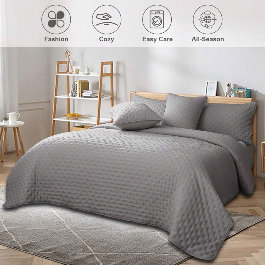 3 Piece Bedspread Embossed Pattern For All Season 220 X 240CM Soft Microfiber Reversible Patchwork Beddings Set Luxury Quilted Bed Throw For Bedroom Decor Reversible Coverlet - Light Grey - View 1