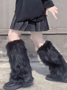 1 双百搭蓬松黑色毛绒踝袖腿套，女士蓬松腿套，厚冬季保暖