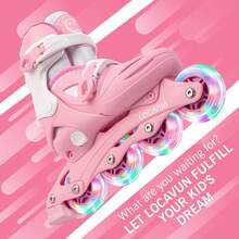 Patines en línea para niñas y niños, patines con ruedas con luces led de 4 tamaños ajustables para niños y niñas principiantes, juegos deportivos interiores y exteriores, rosa, morado - Rosa - Ver 8