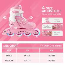 Patines en línea para niñas y niños, patines con ruedas con luces led de 4 tamaños ajustables para niños y niñas principiantes, juegos deportivos interiores y exteriores, rosa, morado - Rosa - Ver 4