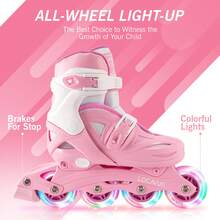 Patines en línea para niñas y niños, patines con ruedas con luces led de 4 tamaños ajustables para niños y niñas principiantes, juegos deportivos interiores y exteriores, rosa, morado - Rosa - Ver 2