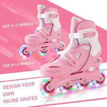 Patines en línea para niñas y niños, patines con ruedas con luces led de 4 tamaños ajustables para niños y niñas principiantes, juegos deportivos interiores y exteriores, rosa, morado - Rosa - Ver 5
