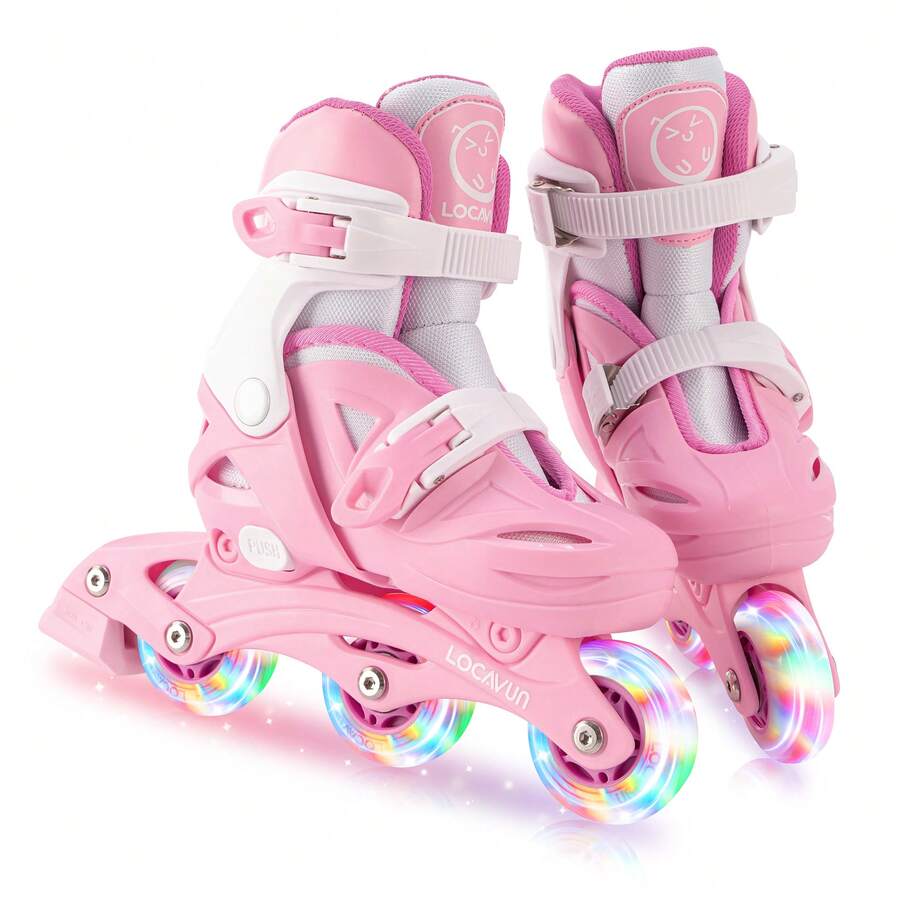Patines en línea para niñas y niños, patines con ruedas con luces led de 4 tamaños ajustables para niños y niñas principiantes, juegos deportivos interiores y exteriores, rosa, morado - Rosa - Ver 1