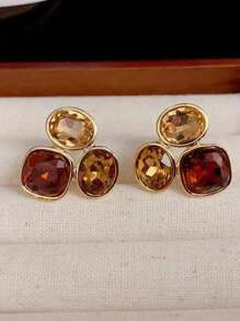 1pair Fashionable Colorful Geometric Zirconia Earrings, Luxury Elegant Simple Design Earring