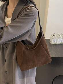 时尚休闲纯色单肩包，双肩带绒面拼布女士斜挎包，时尚绒面包钱包，新款流浪包 - 棕色 - 查看 1
