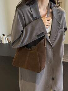 时尚休闲纯色单肩包，双肩带绒面拼布女士斜挎包，时尚绒面包钱包，新款流浪包 - 棕色 - 查看 2