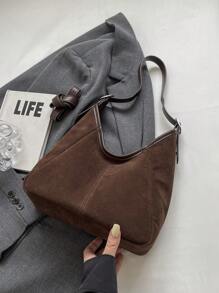 时尚休闲纯色单肩包，双肩带绒面拼布女士斜挎包，时尚绒面包钱包，新款流浪包 - 棕色 - 查看 5
