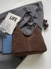时尚休闲纯色单肩包，双肩带绒面拼布女士斜挎包，时尚绒面包钱包，新款流浪包 - 棕色 - 查看 3