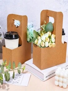 10pcs Rectangular Flower Packaging Bag, Gift Bag, Bouquet With Handle Kraft Paper Bag, Brown Flower Packaging Box, Suitable For Valentine's Day, Mother's Day, Wedding Party Decoration, Suitable For Florist - Brown - View 7