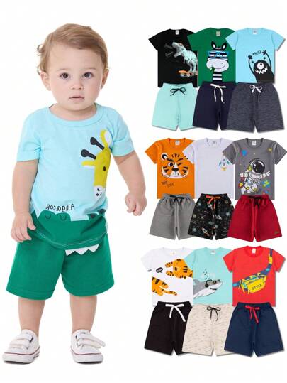 Kit Sortido 4 Peças de Roupas Infantil Bebê Menino (2 Camisetas + 2 Bermudas) Kit 2 Conjuntos Bebê