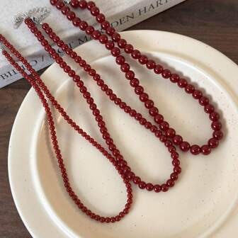 1pc Minimalist Vintage Red Beaded Necklace Chain, Elegant Choker Necklace