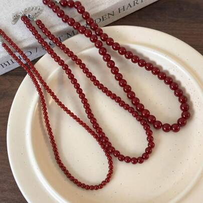 1pc Minimalist Vintage Red Beaded Necklace Chain, Elegant Choker Necklace
