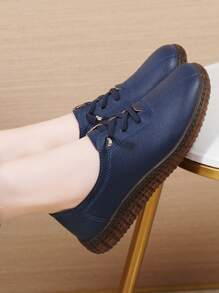 Women's Navy Blue Comfortable Casual Shoes, Elastic Band Round Toe Fashion Retro Slip-On Flat Sneakers With Non-Slip Soft Bottom