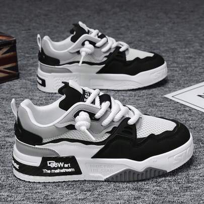 1 Pair Men's Lace-Up Letter Pattern PU Flat Skate Shoes, Wear-Resistant Outdoor Sports Shoes