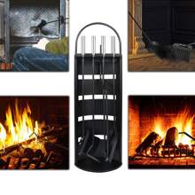 YUENFONG Fireplace Tools Stainless Steel 5-Piece Modern Fireplace Accessory Set Fireplace Set Including Broom, Shovel, Poker, Tongs And Stand With Privacy Screen, Silver/Black - Black - View 3