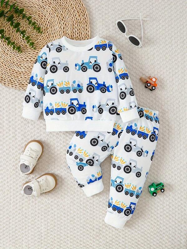 2pcs Casual Boys Car Print Outfit, Toddler Spring Autumn Clothing Set