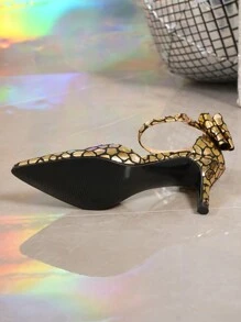 Women Spring Autumn Gold Satin Bow Pointed Toe Ankle Strap High Heel Shoes Valentines