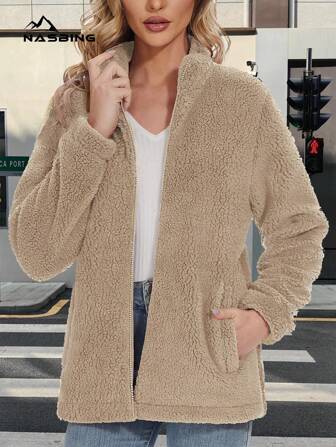 NASBING Women's Fleece Zip-Up Jacket, Lightweight Long Sleeve Stand Collar Casual Outerwear Suitable For Hiking, Camping And Work Wear, Winter