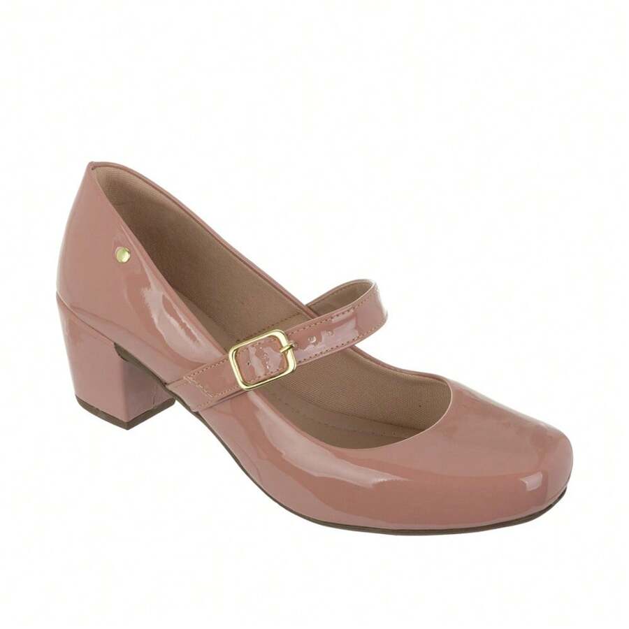 Women's Patent Leather Doll Dress Shoes, Medium Low Block Heel, Pointed Toe, Comfortable, Colorful, Various Colors, Black, Black, Nude, Pink, Rose, Pinkish, Red, White - Ref. 6484 - 乾枯玫瑰色 - 查看 1