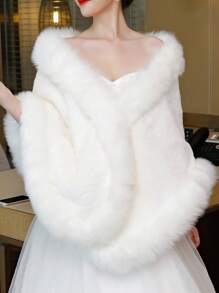 一件式多功能白色新娘披肩，温暖浪漫，适合秋冬季婚礼、宴会等场合，人造毛皮及人造毛皮饰边设计 - A - 查看 6
