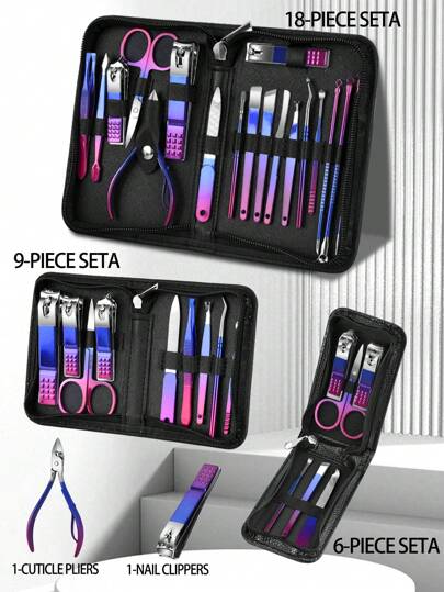 18/9/6pcs Nail Clipper Set, Stainless Steel Nail Care Tools, Nail Scissor Kit, Business Zipper Pouch