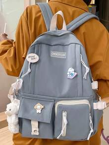 Fashion Cute Nylon Backpack, Clashing Color School Bag With Bear Pendant, Waterproof Casual Everything Bag - Màu xanh lam - Xem 2
