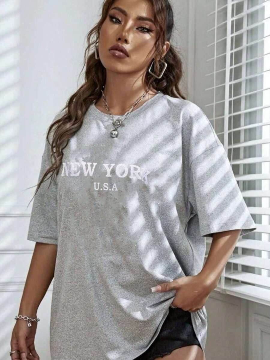 New York U.S.A Women's Minimalist T-Shirt Premium Streetwear - 灰色 - 查看 1