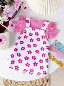 2pcs Baby Girls' Lovely Short Sleeve Bodysuit And Printed Overall Skirt Set For Summer - Hot Pink - View 2