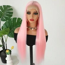 13x6 Synthetic Lace Front Wigs Glueless Light Pink  Baby Pink Color 28 Inches Heat Resistant Fiber Hair Wigs For Fashion Women Natural Hair Line HD Transparent Baby Hair Long Silky Straight Hair Halloween Daily Use, Party, Weddings, Cosplay, - 淺粉色 - 查看 8