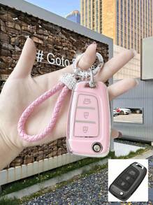 Luxury PU Leather Car Key Cover With Rhinestones, Soft Full Protection Case, Suitable For 2020  Elantra, 2019  Ix35 Folding Premium Car Key Holder - one-size - View 4