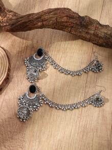 2pcs 2024 New Bohemian Style Women Jewelry Earrings - 1 Pair Vintage Finish Zinc Alloy Earrings With White/Black/Green Rhinestones & Faux Pearl Beads Tassel Design, Perfect For Daily Wear And Gifting