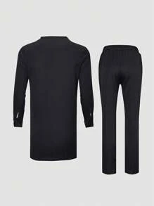 Men's Black Two-Piece Outfits, Long Sleeve Shirt With Chest Pleats And Drawstring Trousers For Dates, Street, Party, Wedding - màu đen - Xem 4