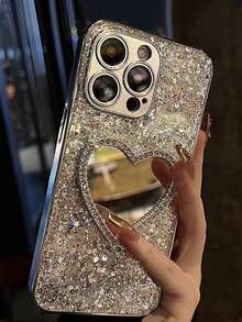 Valentines Y2K Luxury Glitter 3D Heart Mirror Sequins Silicone Phone Case Compatible With IPhone 15 14 13 12 Pro Max 11 Girls Lens Protection Cover - Silver - View 2