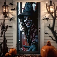 1 pièce Rideau de porte en polyester style sorcière d'Halloween, décoration murale d'ambiance effrayante