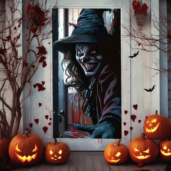 1 pièce Rideau de porte en polyester style sorcière d'Halloween, décoration murale d'ambiance effrayante