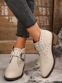Women's Rivet Buckle Decor Ankle Boots, Thick Low Heel Short Boots In Rockstyle, Pull-On Ankle Boots