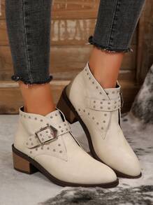 Women's Rivet Buckle Decor Ankle Boots, Thick Low Heel Short Boots In Rockstyle, Pull-On Ankle Boots