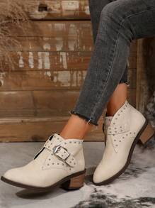 Women's Rivet Buckle Decor Ankle Boots, Thick Low Heel Short Boots In Rockstyle, Pull-On Ankle Boots